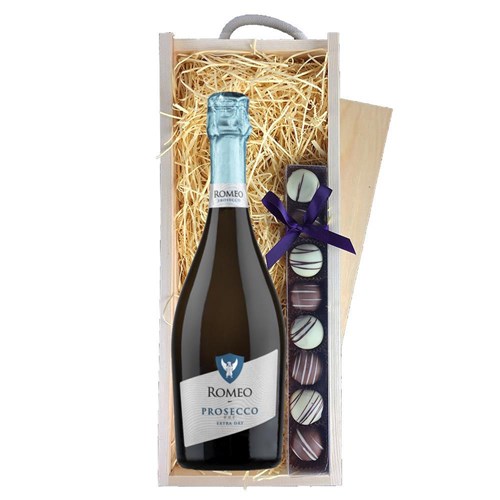 Romeo Prosecco DOC 75cl & Truffles, Wooden Box